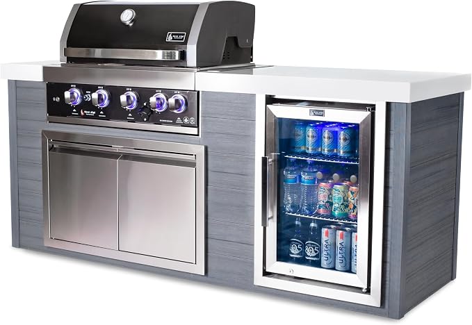 Mont Alpi Artwood Series - 78"W x 47"H x 27"D All Weather HDPE Outdoor Kitchen Island + Refrigerator & Double Access Doors + 32"W Black Stainless Steel 4-Burner Built-in BBQ Gas Grill + Rotisserie Kit