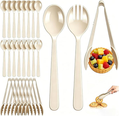 24 Pcs Ivory Plastic Serving Utensils Set, Elegant Disposable Serving Spoons & Forks for Wedding, Birthday Party, Baby Shower, Bridal Shower, Boho Celebration, Buffet & Special Events