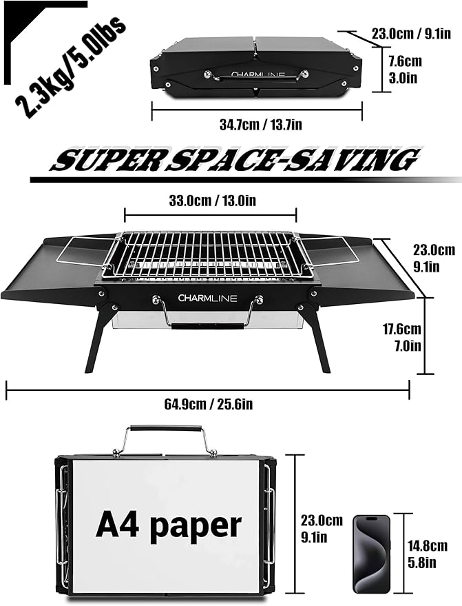 Charmline 14x9inch Small Foldable Portable Charcoal Grill, Charcoal Grills for Camping, Picnics, Gardens and Beach Parties, Black, With 32x20in Fireproof Mat