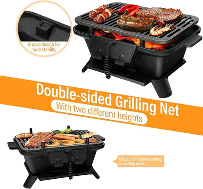 ORALNER Cast Iron Hibachi Grill, Portable Tabletop Grill with Double-Sided Grill Net, 2 Heights, Air Control & Coal Door, Small Outdoor BBQ Charcoal Grills, for Camping, Picnic