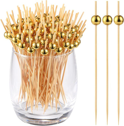 1000 Pcs Cocktail Picks, Gold Plastic Ball Decor Skewer for Appetizers, Fruit, Kebabs, Mini Burger, Bamboo Skewers for Drinks, Handheld Toothpicks, Food Sticks Natural, Kitchen Gadget