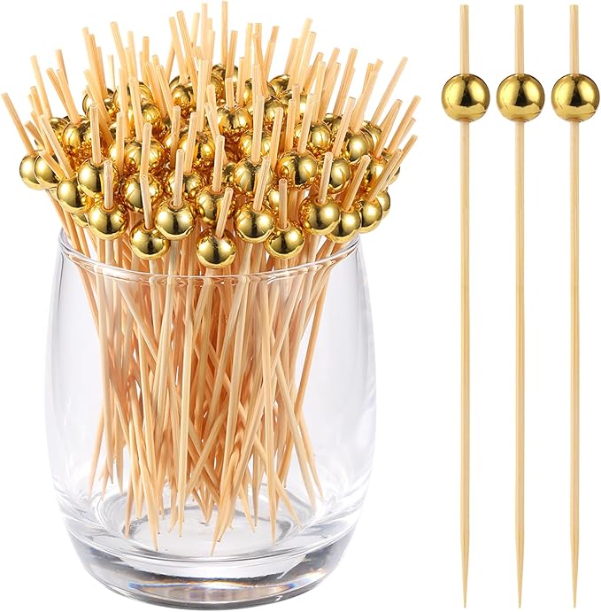 200 Pcs Cocktail Picks, Gold Plastic Ball Decor Skewer for Appetizers, Fruit, Kebabs, Mini Burger, Bamboo Skewers for Drinks, Handheld Toothpicks, Food Sticks Natural, Kitchen Gadget