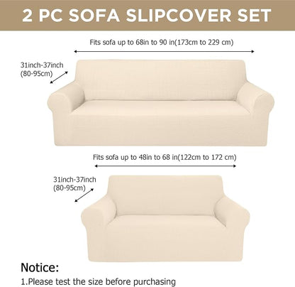Peryiter 2 Pcs Couch and Loveseat Sofa Covers,Beige,Fleece | Armchair Covers for Living Room, Sofa Cushion Slipcover 2/3 Seater, Furniture Protector, Polyester and Spandex, Washable