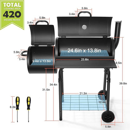 HaSteeL Outdoor Charcoal Grill with Cover, Large Barrel BBQ Grill with Offset Smoker, Great for Camping Patio Backyard Garden Party Picnic Beach, Large 420.SQ.IN Cooking Area, 2 Screwdrivers - Black