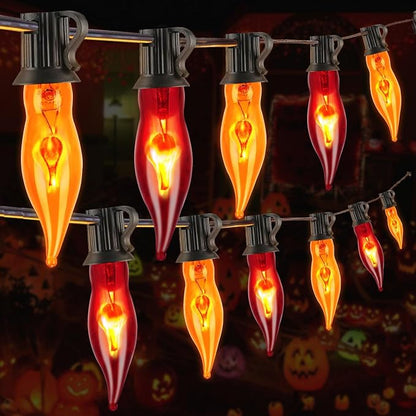 Halloween Flickering Flame String Lights, 27.8Ft with 25 Pack Orange Purple Flame Light Bulbs C18 E12 Base for Indoor Outdoor Decorations, Black Wire