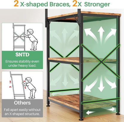 SNTD Bakers Rack with Power Outlet, Microwave Stand, Rustic Brown, 21.7" W | Coffee Stand, 4 Tiers Kitchen Storage Shelves, 10 Hooks, Metal Frame, X-Shaped Reinforcement