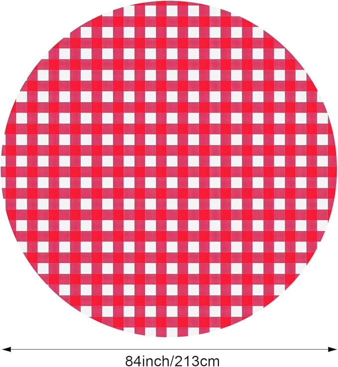Disposable Checkered Tablecloth Round Plastic Buffalo Plaid Table Cloth 84'' Gingham Tablecover for Picnic Camping BBQ Graduation Party(Red and White,3 Pieces)