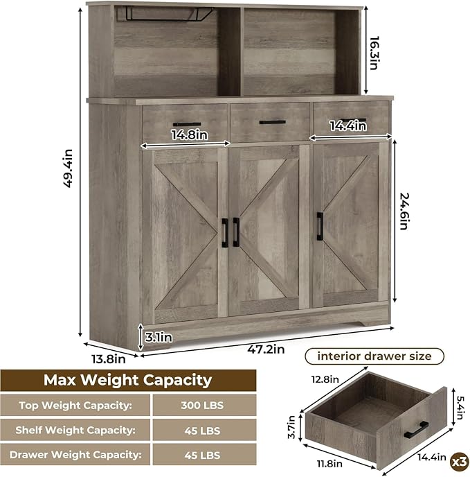 GarveeHome Farmhouse Sideboard Buffet with Microwave Stand, Barn Doors Buffet Storage Cabinet with Drawers and Shelves, Wood Coffee Bar Cabinet for Kitchen, Dining Room, Living Room, Grey