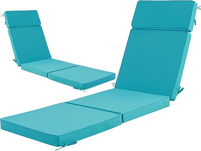 80 x 26 Inch Outdoor Chaise Lounge Cushions Set of 2 - Removable Cover, 4-Section Design, Water-Repellent & Fade-Resistant, 6 Tie Straps, Replacement for Patio & Pool Chairs - Teal