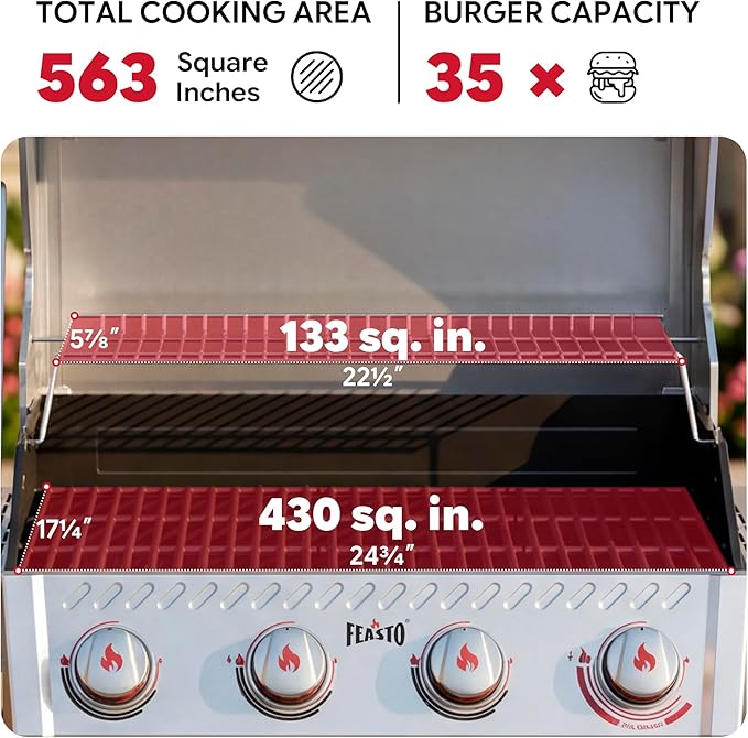 Feasto 4-Burner Propane Gas Grill w/Sear & Side Burner, Stainless Steel Construction w/Porcelain-Enameled Main Body, 49,500 BTU Outdoor BBQ Grill, 563 Sq. In. Cooking Area, Cabinet Storage, Silver
