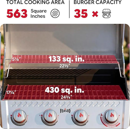 Feasto 4-Burner Propane Gas Grill w/Sear & Side Burner, Stainless Steel Construction w/Porcelain-Enameled Main Body, 49,500 BTU Outdoor BBQ Grill, 563 Sq. In. Cooking Area, Cabinet Storage, Silver