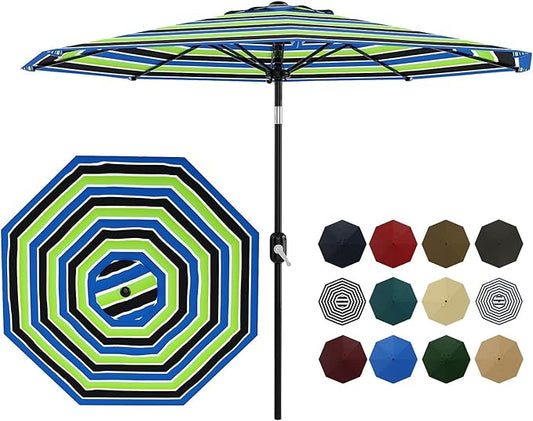 Garvee 9 ft Patio Umbrella - 8 Sturdy Ribs Outdoor Table Umbrella with Crank Lift & Push Button Tilt - Market Umbrella for Pool, Deck, Yard, Garden - Tricolor Stripe