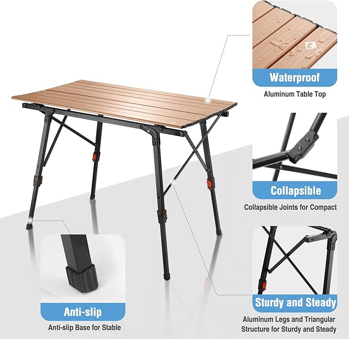 VILLEY Portable Camping Table with Adjustable Legs, Lightweight Aluminum Folding Beach Table with Carrying Bag for Outdoor Cooking, Picnic, Beach, Backyards, BBQ and Party - Gold