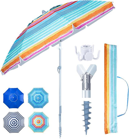 Tempera Heavy Duty High Wind Beach Umbrella with Sand Anchor & Carry Bag | Patio Outdoor Umbrella with Aluminum Frame and Push Button Tilt, Ideal for Travel Garden Lawn, UPF 60+