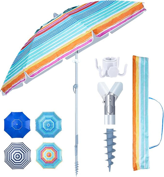 Tempera Heavy Duty High Wind Beach Umbrella with Sand Anchor & Carry Bag | Patio Outdoor Umbrella with Aluminum Frame and Push Button Tilt, Ideal for Travel Garden Lawn, UPF 60+