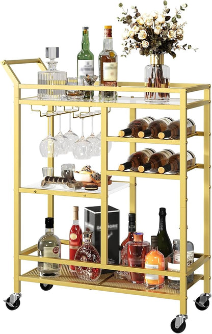 MAHANCRIS Bar Cart for Home, 3-Tier Serving Cart with Glass Top, Beverage Cart with Wine Rack and Glass Holder, Drink Cart with Wheels, for Dining Room, Living Room, Gold and White RCJM71B01