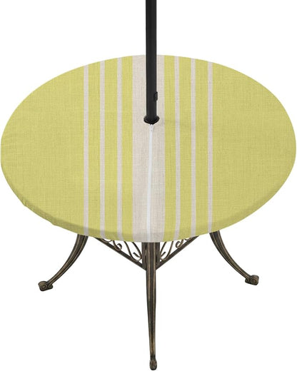 Outdoor Fitted Tablecloth with Umbrella Hole and Zipper, Yellow Beige Striped Elastic Round Patio Table Cover, Farmhouse Retro Lines Modern Windproof Table Protector for Backyard BBQ Party 45''-54''