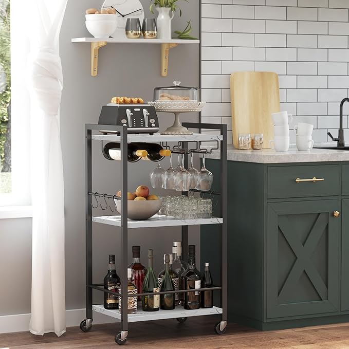 TUTOTAK Bar Cart with Wheels, Mini Drink Cart with Wine Rack & Glass Holder | 3-Tier 17 Inch Wide Home Bar Serving Carts, Small Mobile Kitchen Shelf with 6 Hooks, Marble White BC01BM035