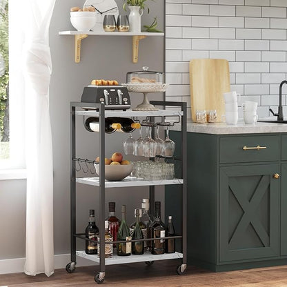 TUTOTAK Bar Cart with Wheels, Mini Drink Cart with Wine Rack & Glass Holder | 3-Tier 17 Inch Wide Home Bar Serving Carts, Small Mobile Kitchen Shelf with 6 Hooks, Marble White BC01BM035