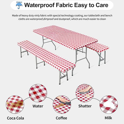 OutdoorLines Vinyl Fitted Picnic Table Cover with Bench Covers | Elastic Waterproof Camping Tablecloth for Picnic Table (Checkered Red 96x30 Inch, 3 Pcs)
