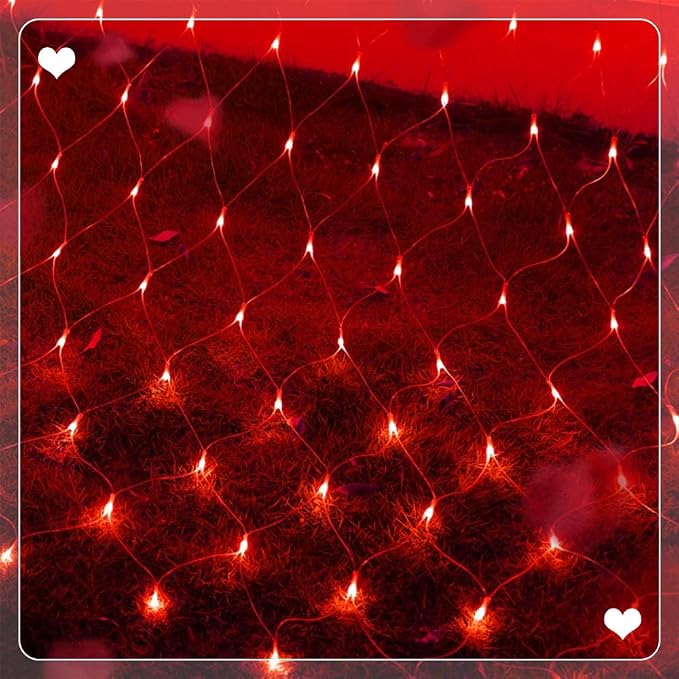 WATERGLIDE Outdoor Valentines Net Lights, 12FT x 5FT 360 LED Mesh String Light with 8 Lighting Mode, Connectable Waterproof Lights for Garden Tree Bushes, Christmas Wedding Party Decorations, Red