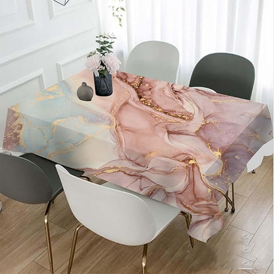 TKS MITLAN Marble Tablecloth 60x84 Inch Rectangular Abstract Pink Golden Waves Marble Pattern Oblong Table Cloth Kitchen Table Decorations for Home Dinner Party