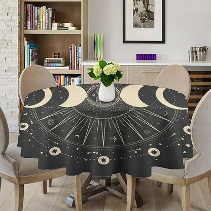Vintage Moon Sun Round Tablecloth Moon Phase Star Galaxy Zodiac Signs Moonlight Table Cloth Water Resistant Wipeable Table Cover for Farmhouse Picnic Party Holiday Kitchen Dinner Table 70"