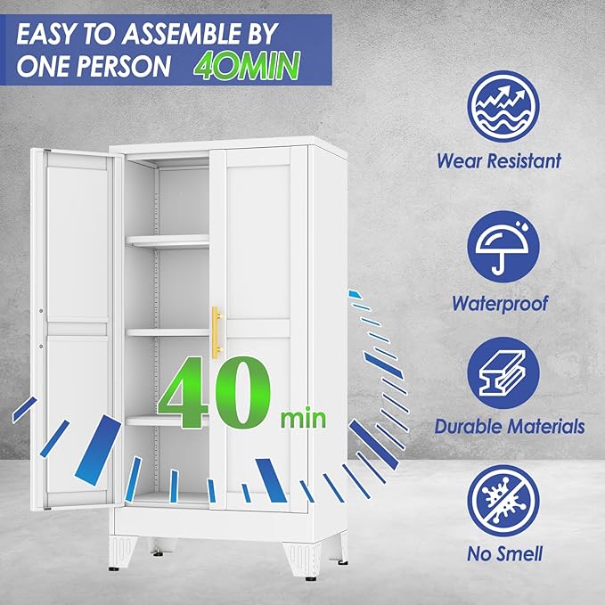 47" Metal Garage Storage Cabinet with 2 Doors and 3 Adjustable Shelves,Metal Storage Cabinets,Steel Tool Cabinets for Home,Office,Garage,Warehouse (White, 47''H x 24''W x 12''D)