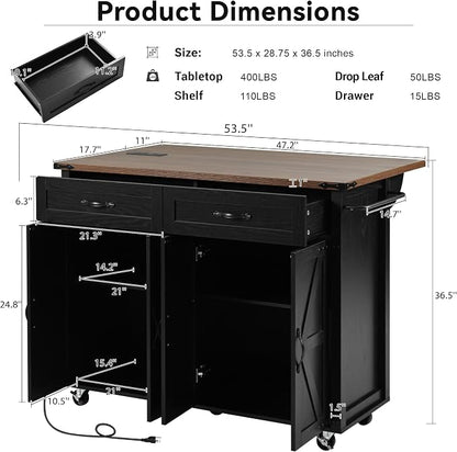 53.5''Farmhouse Kitchen Island with Power Outlet,Storage Cart W/Drop Leaf/Spice Rack/Drawer,Rolling KitchenCart on Wheels,for Home,Dining Room,Black