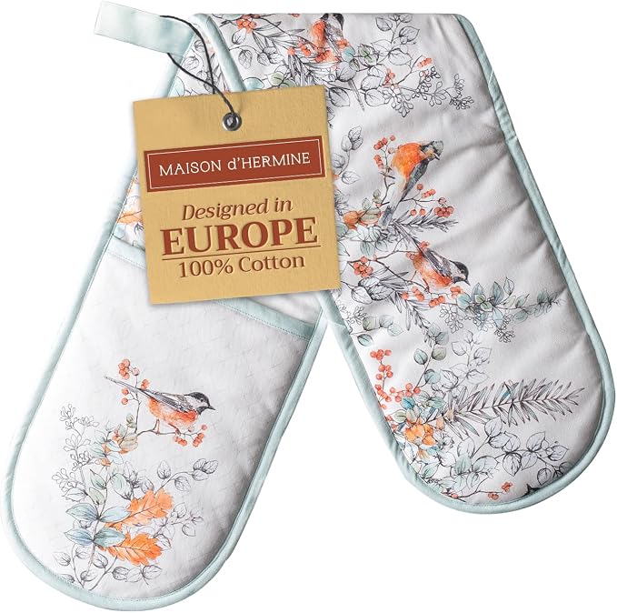 Maison d' Hermine Double Oven Mitts 100% Cotton Double Oven Glove (7"x35") | Heat Resistant BBQ Cooking Gloves with Loop Baking Kitchen Home Farmhouse Thanksgiving Christmas - Whitish Shabby Chique