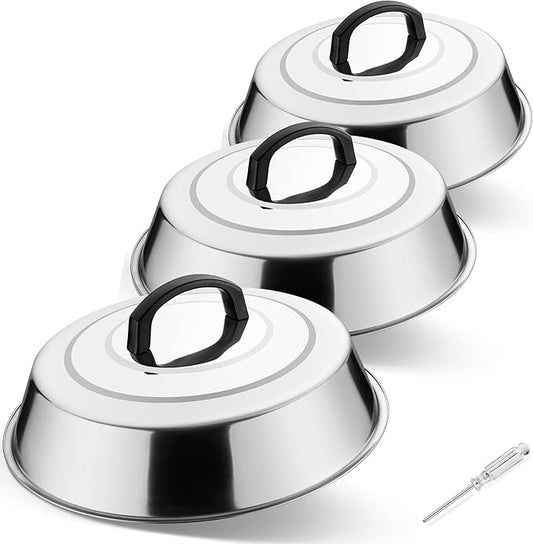 12 Inch Basting Cover for Griddle, Leonyo 3 Pack Cheese Melting Dome, Stainless Steel Round Steam Dome Lid Griddle Accessories for Outdoor BBQ Flat Top Grill Kitchen Cooking - Dishwasher Safe