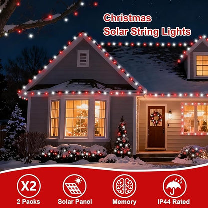 QITONG 2 Pack Red and White Solar String Lights, Each 66ft 200 LED Solar Christmas Lights Outdoor Waterproof, 8 Modes Solar Twinkle Light for Outside
