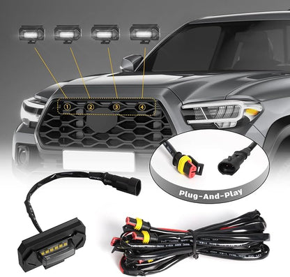 4 Pcs Grille Lights Compatible with Toyota Tacoma 2020 2021 2022 2023 TRD Off Road and Sport Models, OEM Style LED Front Grill Lights for Tacoma Accessories with Fuse & Harness (White)