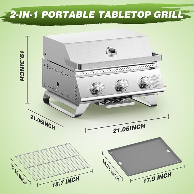 COWSAR Portable 3-Burner Table Top Gas Grill with Griddle, Stainless Steel BBQ Propane Grill, Flat Top Grill with Lid for Outdoor Cooking Camping or Tailgating, 24,000 BTU