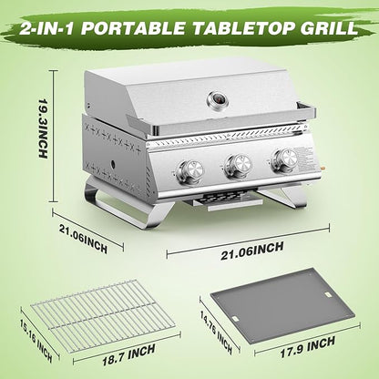 COWSAR Portable 3-Burner Table Top Gas Grill with Griddle, Stainless Steel BBQ Propane Grill, Flat Top Grill with Lid for Outdoor Cooking Camping or Tailgating, 24,000 BTU