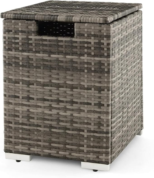 Tangkula Outdoor Propane Tank Cover Table, Patiojoy Wicker Hideaway Table for Gas Fire Pits, 20 lbs Propane Tank Storage Box, Outdoor Wicker Side Table & Propane Tank Holder (Mix Grey)