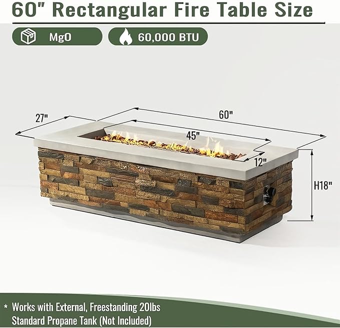 60" Outdoor Propane Gas Fire Pit, 60,000 BTU Patio Firepit, Concrete Fire Pit with Stacked Stone Base, Stainless Steel Burner, Lava Rocks, Optional Natural Gas Conversion Fire Pit