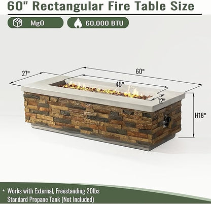 60" Outdoor Propane Gas Fire Pit, 60,000 BTU Patio Firepit, Concrete Fire Pit with Stacked Stone Base, Stainless Steel Burner, Lava Rocks, Optional Natural Gas Conversion Fire Pit