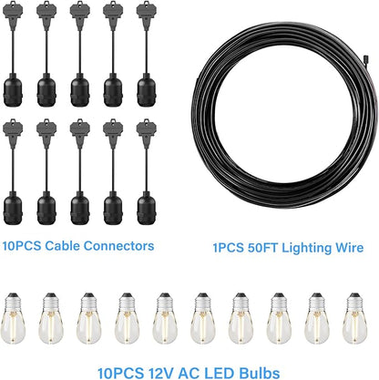 GOODSMANN LED Low Voltage String Lights 12V AC 50FT 10PCS 2W Bulbs 135 Lumens Hanging Landscape Lighting 2800K String Weatherproof Decorative Light for Patio Light