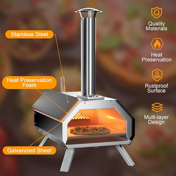 PETSITE Pizza Oven Outdoor, Wood Pellet Fired Pizza Oven with 12 Inches Pizza Stone & Thermometer, Portable Stainless Steel Grill Pizza Maker for Outside Backyard Party