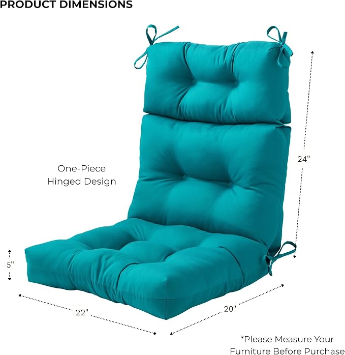 Outdoor Tufted High-Back Chair Cushions, One-Piece Hinged Seat and Back Design, Reversible with 4 Ties, Durable Polyester Fabric, Recycled Fiber Fill - Set of 2, Peacock