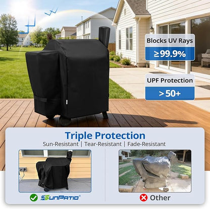 SunPatio Outdoor Heavy Duty Waterproof Wood Pellet Grill and Smoker Cover, UV Resistant Full Length BBQ Cover Compatible with Traeger 22 Series, Lil' Tex Grill and More, All Weather Protection