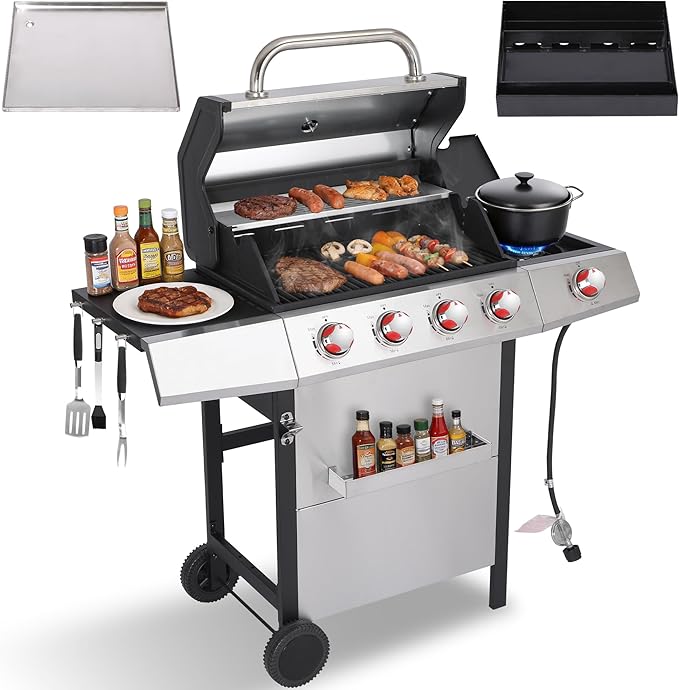 Gas and Charcoal Grill Combo with Side Burner, 4-Burner Propane Grill and Griddle Combo with Porcelain-Enameled Cast Iron Grates & Double-Wall Insulated Lid, 49,000 BTU Outdoor BBQ Grill