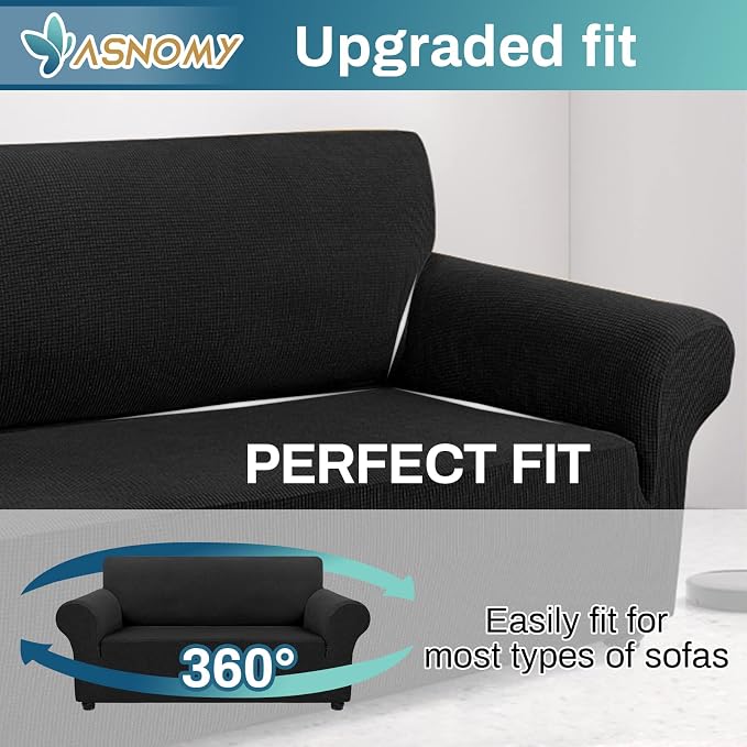 Asnomy Stretch Couch Covers Washable,loveseat Cover Slipcovers,Black | 1-Piece Sofa Cover(55"-78") loveseat cover Furniture Protector Soft Jacquard,Non-Slip Elastic Bottom for Dogs & Kids