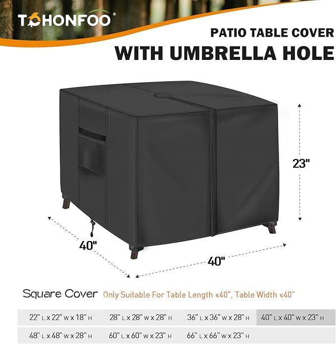 Square Patio Table Cover with Umbrella Hole - 40"L x 40"W x 23"H (COVER SIZE，NOT TABLE SIZE) Heavy Duty Waterproof 600D Oxford Fabric Outdoor Lawn Patio Furniture Covers