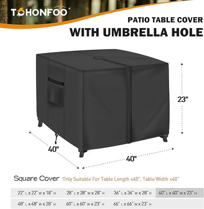 Square Patio Table Cover with Umbrella Hole - 40"L x 40"W x 23"H (COVER SIZE，NOT TABLE SIZE) Heavy Duty Waterproof 600D Oxford Fabric Outdoor Lawn Patio Furniture Covers
