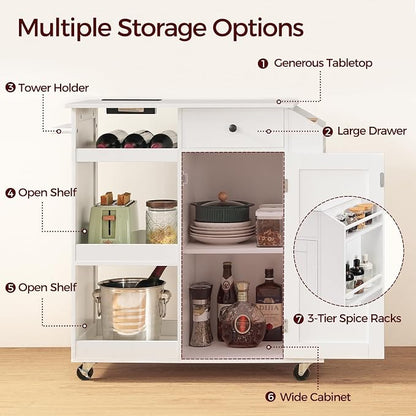 MAHANCRIS Kitchen Island with Power Outlet, Kitchen Storage Island with Drawer, Rolling Kitchen Cart on Wheels, Spice Rack, Towel Rack, Wine Rack, for Dining Room, White KIWT122E01
