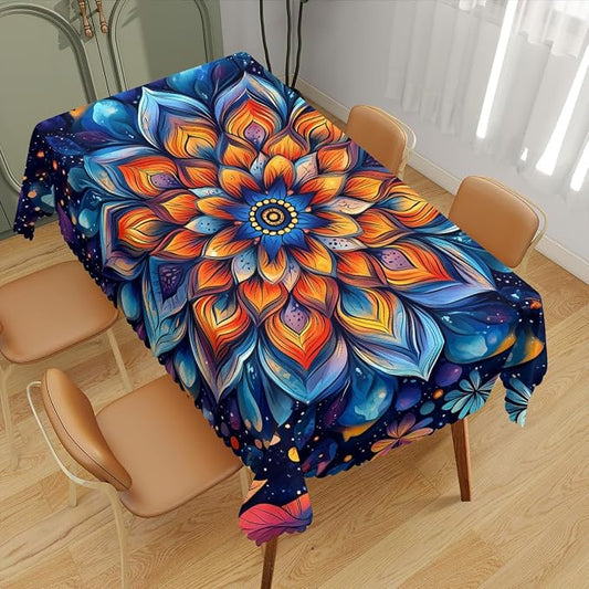 Mandala Decorative Rectangle Table Cloth Colorful Fantasy Mysterious Flower Rectangle Table Cover Anti-Oil Tablecloth for Dining Tables, Parties, Wedding and Banquet Decoration 52 x 70 Inch 4-6 Seats