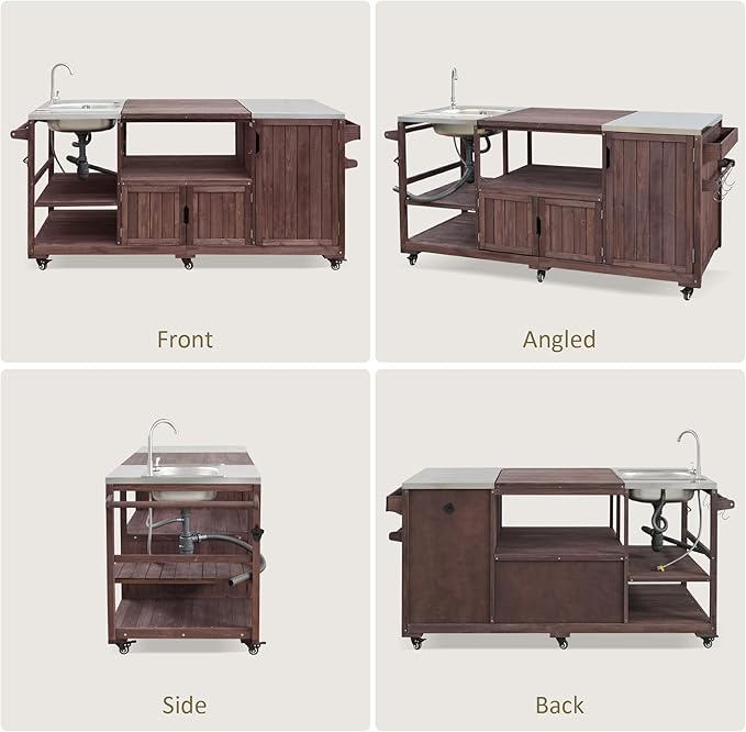 75.4" Outdoor Kitchen Island with Sink, Solid Wood Grill Cart for XL Big Green Egg, Rolling Outdoor Bar Cart with Stainless Steel Top, Adjustable Shelves, 6 Wheels for BBQ Pizza Prep