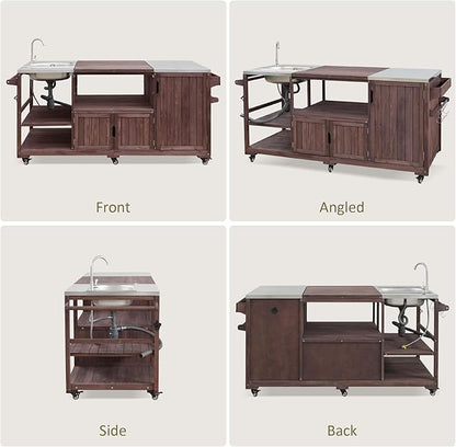 75.4" Outdoor Kitchen Island with Sink, Solid Wood Grill Cart for XL Big Green Egg, Rolling Outdoor Bar Cart with Stainless Steel Top, Adjustable Shelves, 6 Wheels for BBQ Pizza Prep